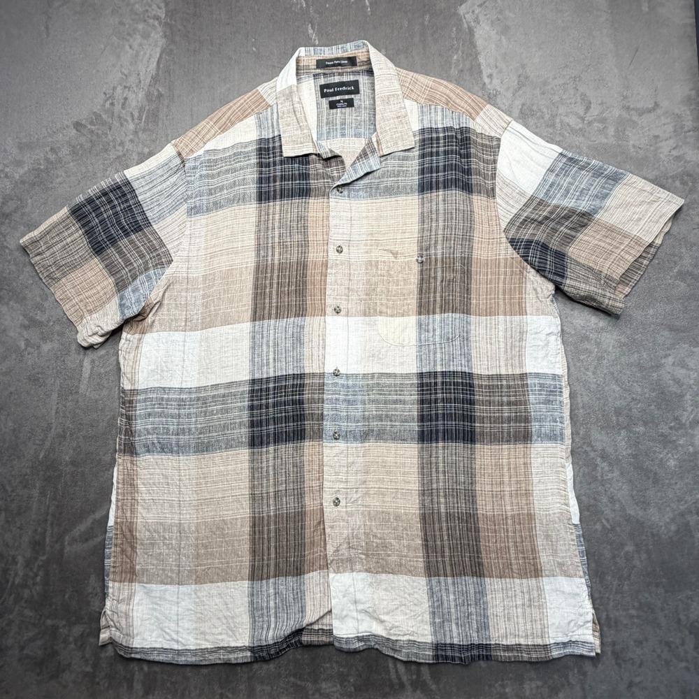 Paul Fredrick Button Down Shirt Mens XL Multicolor Plaid Pure Linen Classic Fit - Picture 2 of 7